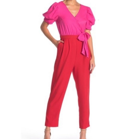 Jealous Tomato Pants - Jealous Tomato hot pink and red pocketed jumpsuit